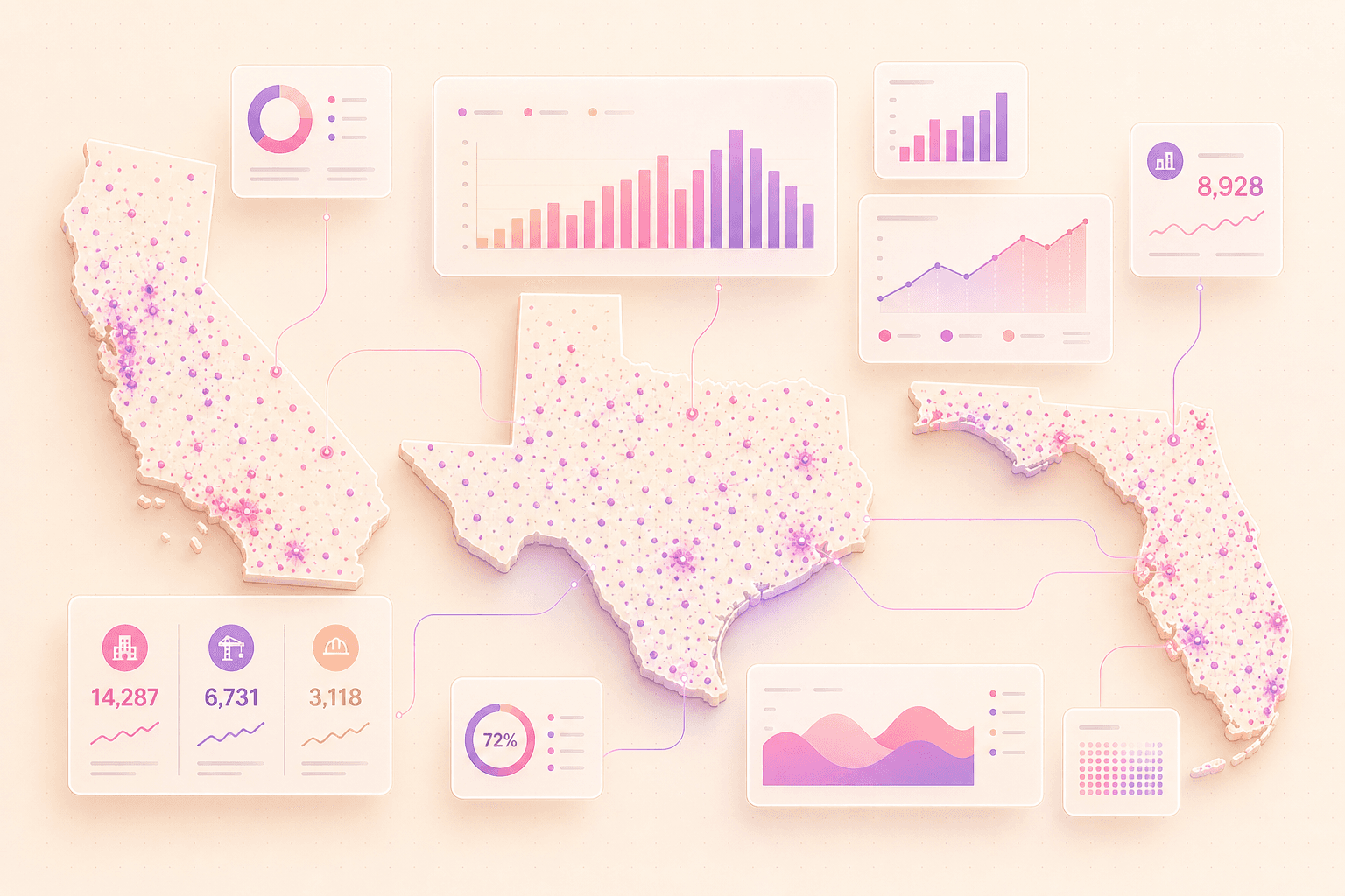 Editorial illustration of US construction activity — outlines of 14 covered states and DC overlaid with abstract chart shapes and pin markers