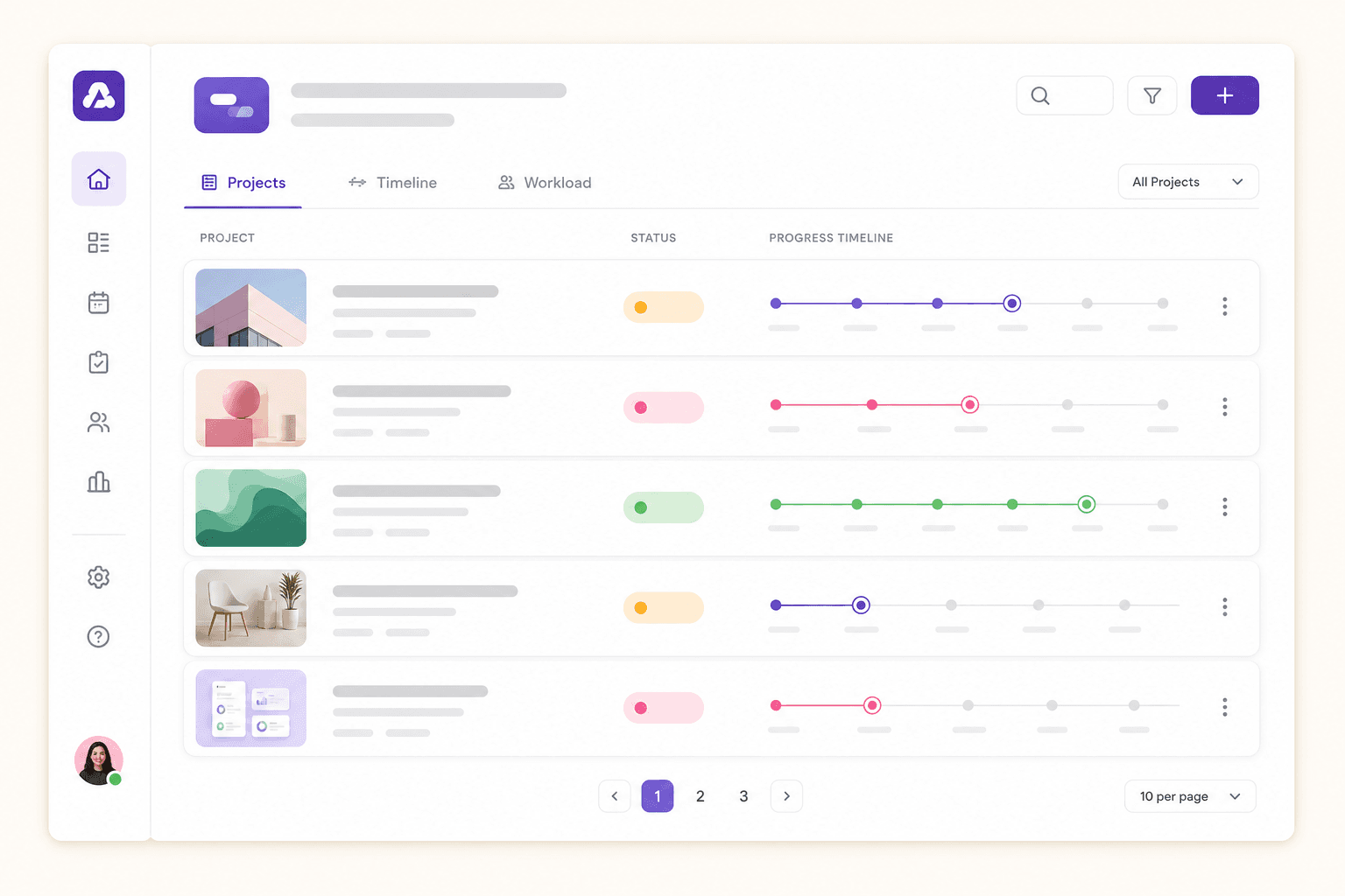 Tibly Collections board listing projects with their stage, status, and live timeline