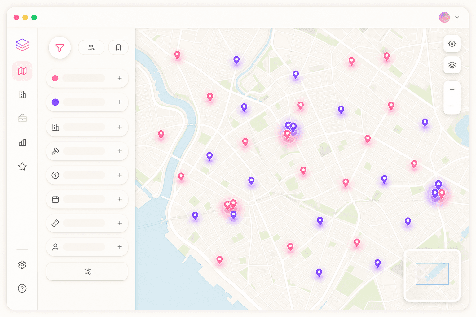 Tibly Discover map with live construction project pins scattered across a city